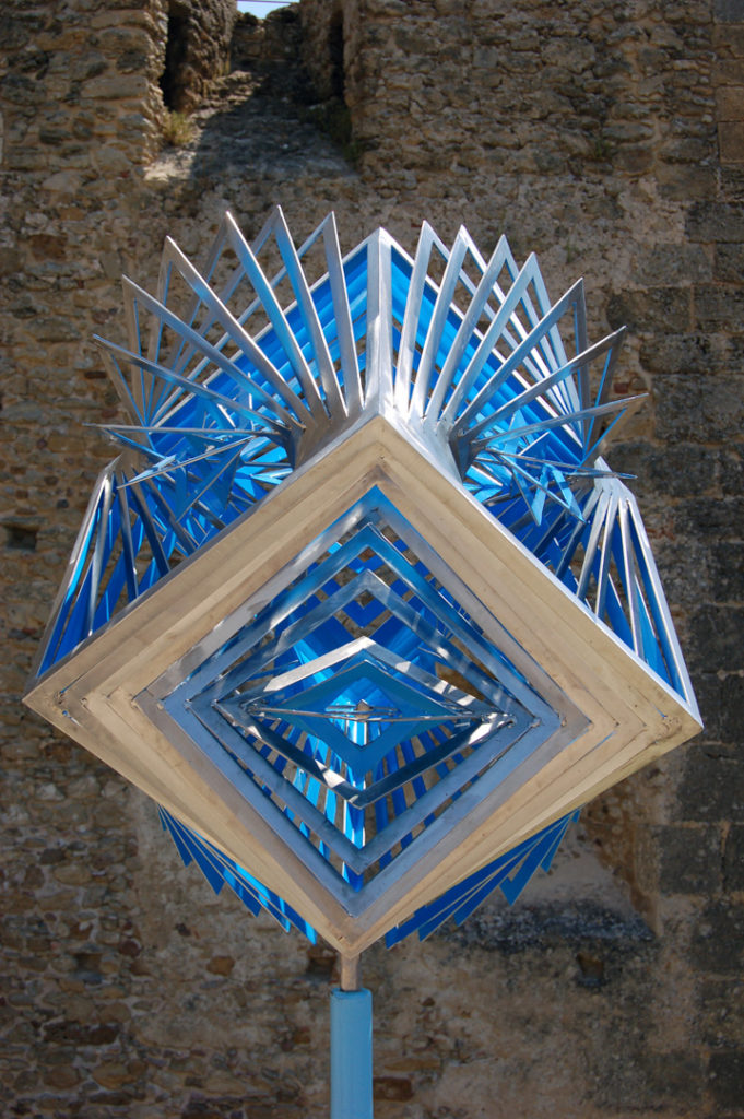 stainless, steel, cube, blue, optical, expansion, abstract, geometric, sculpture, Aspinall