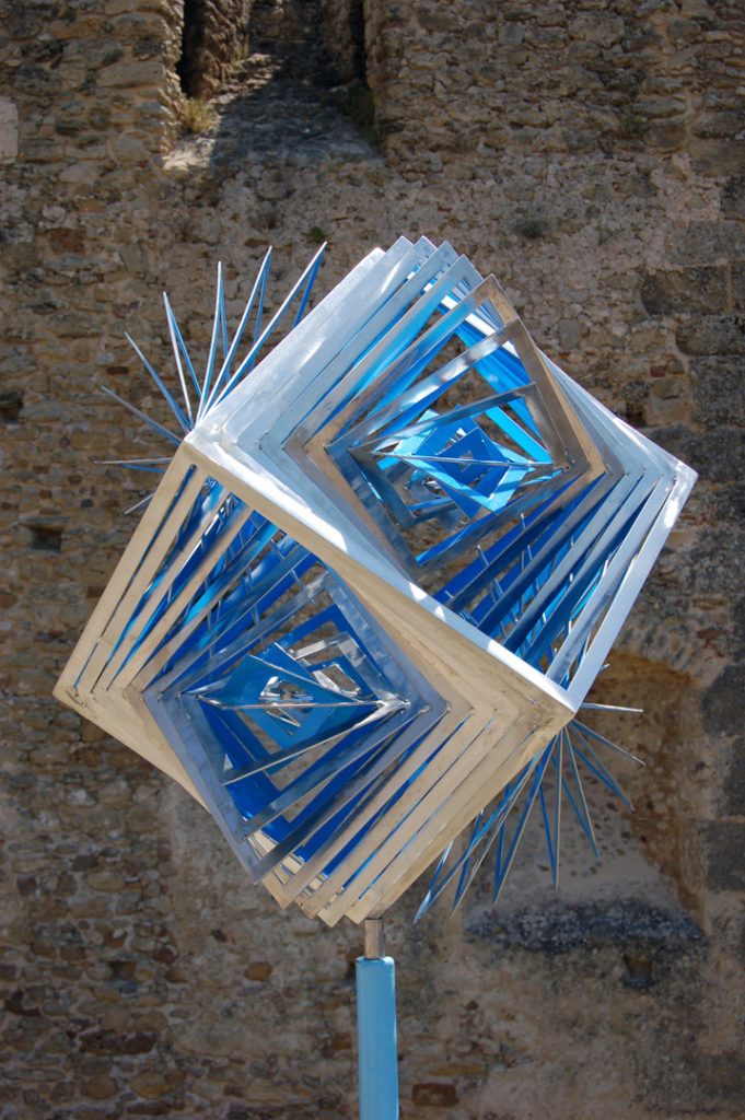 stainless, steel, cube, blue, optical, expansion, abstract, geometric, sculpture, Aspinall