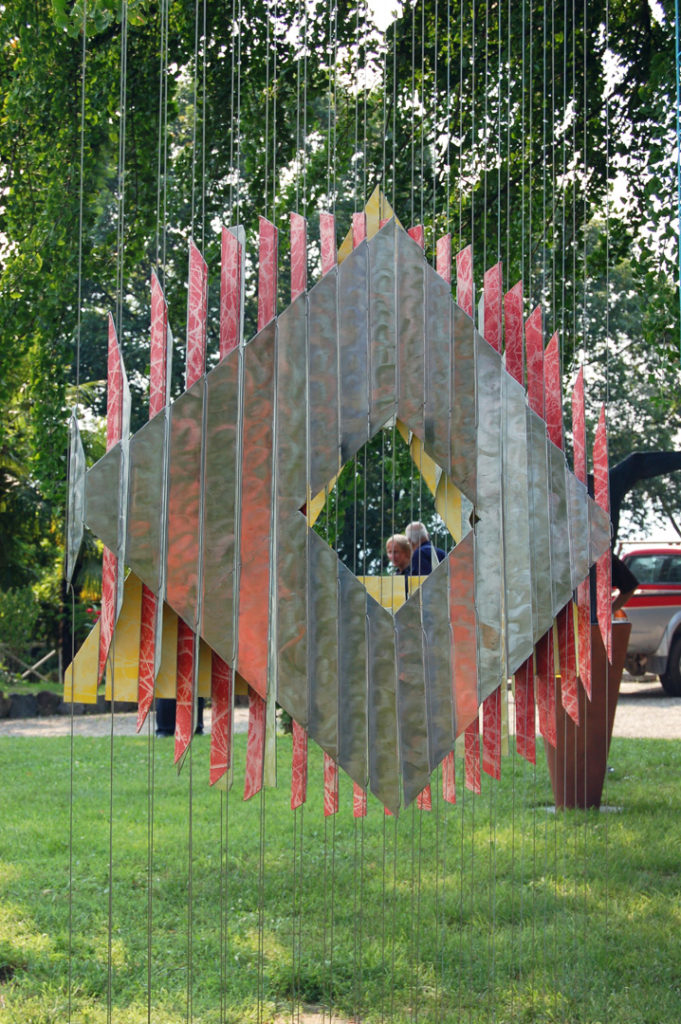 anamorphic, shape shifting, sculpture, landscape, garden, stainless, steel, geometric, abstract, Aspinall, art