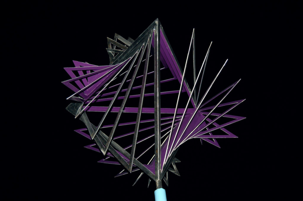 stainless, steel, tetrahedron, violet, night, optical, expansion, abstract, geometric, sculpture, Aspinall