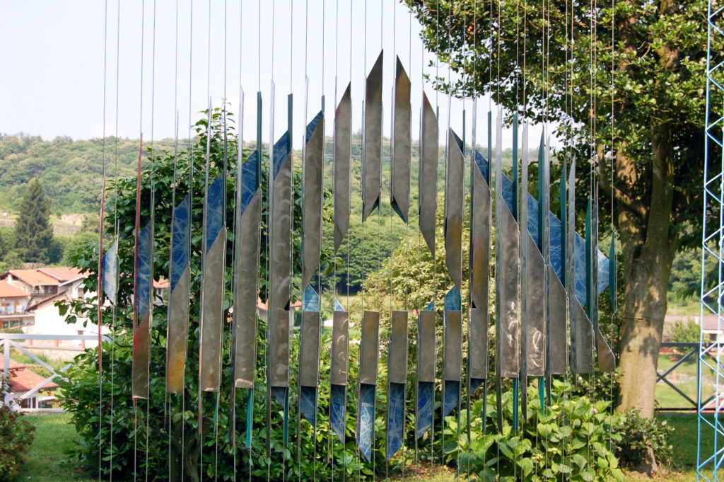 anamorphic, shape shifting, sculpture, landscape, garden, stainless, steel, geometric, abstract, Aspinall, art, Torre Canavese