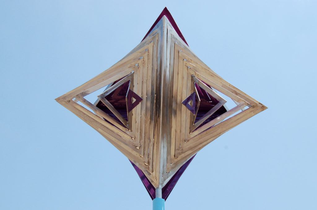 stainless, steel, tetrahedron, violet, optical, expansion, abstract, geometric, sculpture, Aspinall