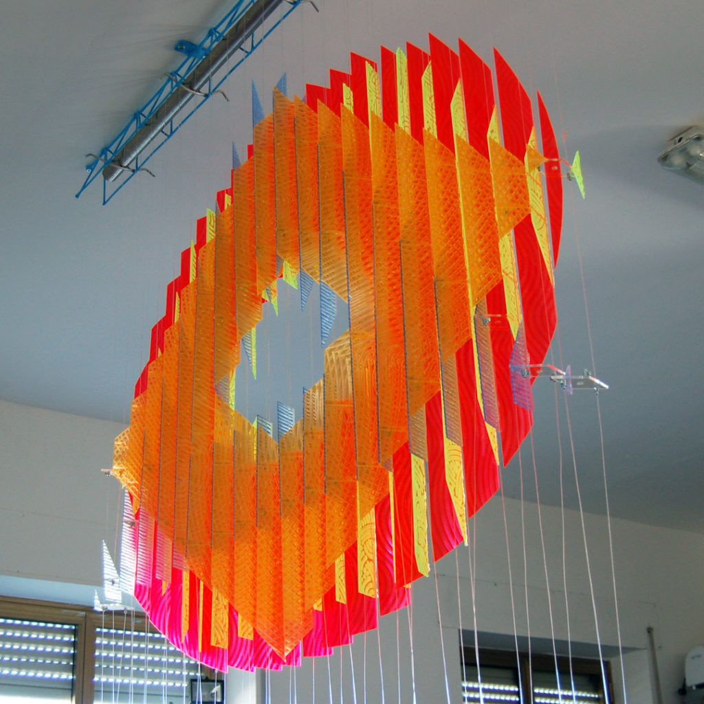 anamorphic, shape shifting, sculpture, acrylic, carved, coloured, geometric, abstract, Aspinall, art, rainbow, suspended