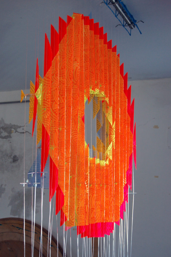 anamorphic, shape shifting, sculpture, acrylic, carved, coloured, geometric, abstract, Aspinall, art, rainbow, suspended