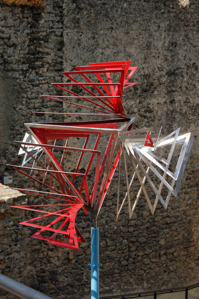 stainless, steel, tetrahedron, red, optical, expansion, abstract, geometric, sculpture, challenge, Aspinall
