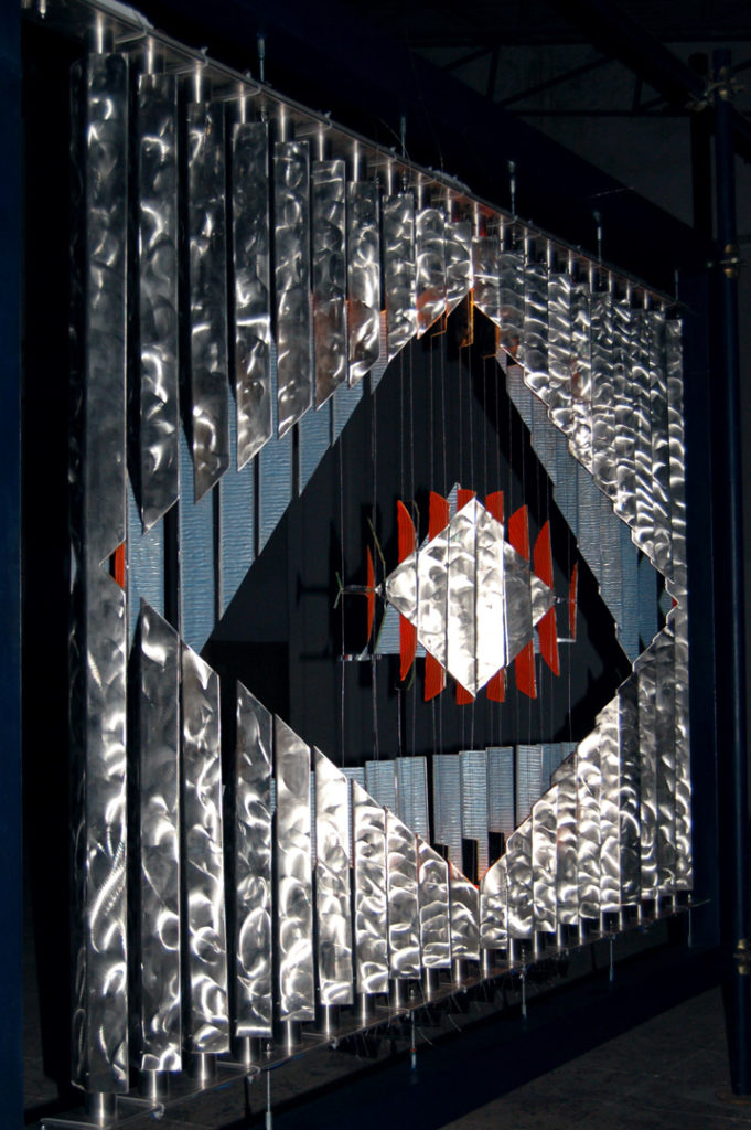 anamorphic, shape shifting, sculpture, installation, screen, stainless, steel, illuminated, acrylic, geometric, abstract, Mark Aspinall, art, interior