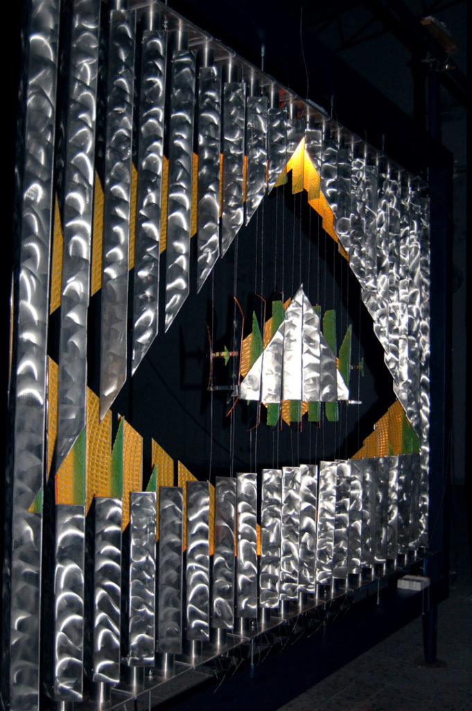 anamorphic, shape shifting, sculpture, installation, screen, stainless, steel, illuminated, acrylic, geometric, abstract, Mark Aspinall, art, interior