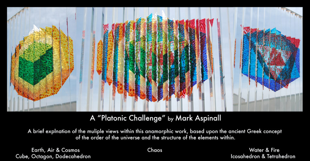 Plato, anamorphic, optical, shape shifting, elements, universe, Mark Aspinall