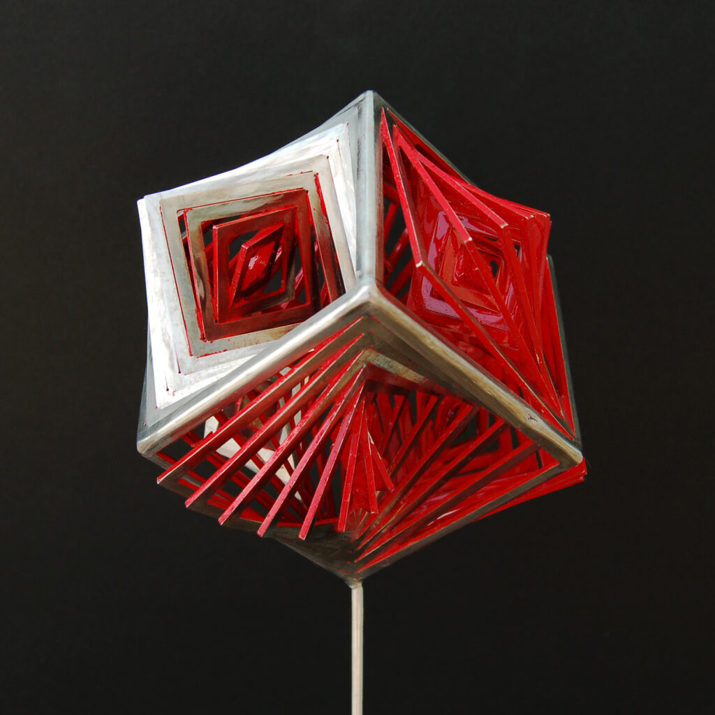 stainless, steel, cube, red, fire, kinetic, optical, expansion, abstract, geometric, sculpture, Aspinall
