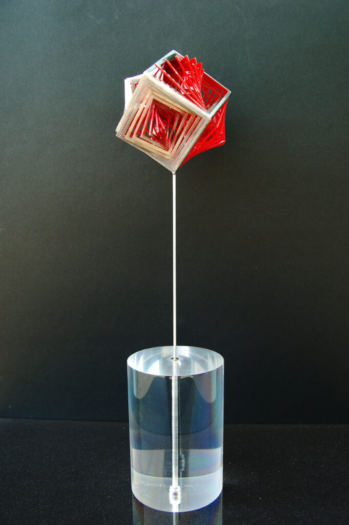 stainless, steel, cube, red, fire, kinetic, optical, expansion, abstract, geometric, sculpture, Aspinall
