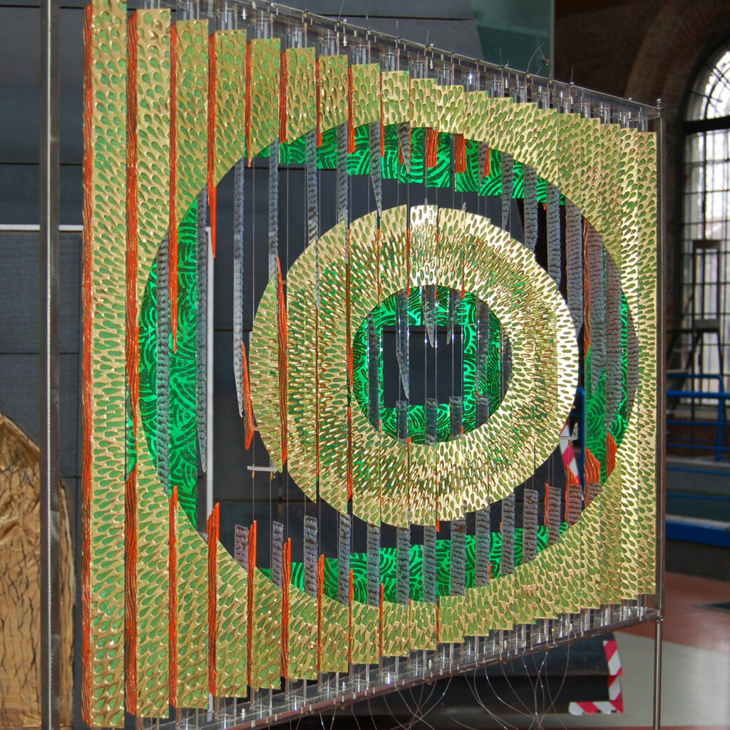 Anamorphic, optical, shape shifting, geometric, chaos, order, gilded, Mark Aspinall, Venice