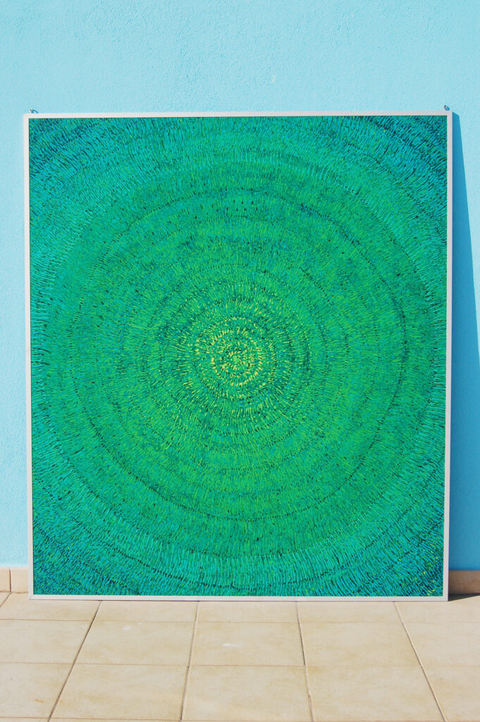 mark, aspinall, large, green, panel, layered, colours