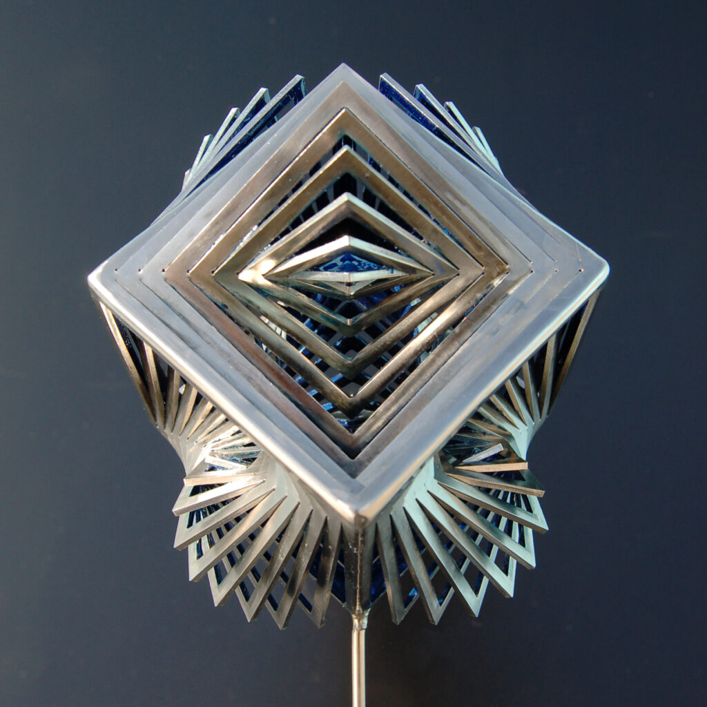 stainless, steel, cube, blue, optical, kinetic, expansion, abstract, geometric, sculpture, Aspinall